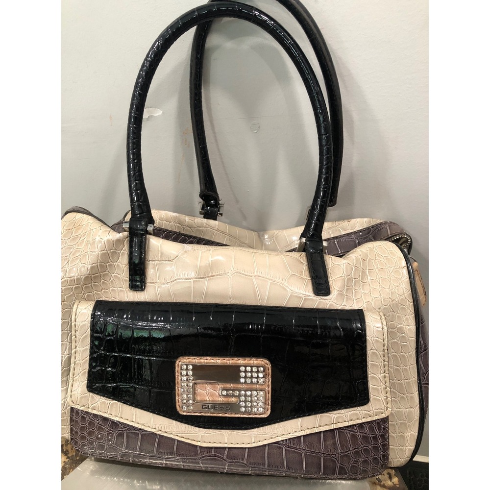 Guess y2k Croc Embossed Satchel bag tri-Color Cream Black Grey Rhinestone G Logo